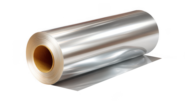 A roll of shiny metal foil is isolated on transparent background