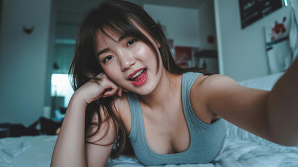 Fototapeta premium Asian woman taking selfie in bed