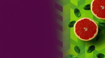 Two grapefruit halves with mint leaves on a vibrant green and purple background