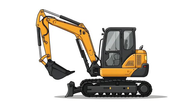 Excavator vector illustration with yellow color and black tracks multiple units on white background