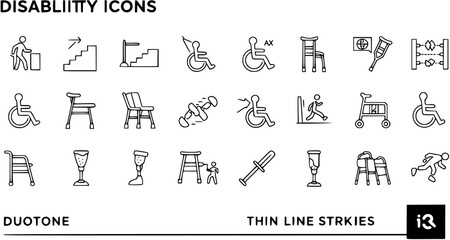 Disability icon set in two styles, Duotone and Thin Line style. Editable stroke. stair, prothesis, prosthetic, walker, crutches, disabled
