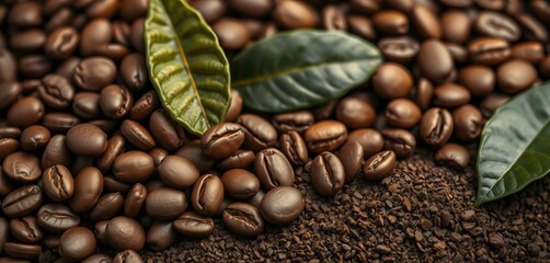 Close-up shot of roasted coffee beans, leaves, and ground coffee, showcasing rich brown tones,  banner, coffee beans