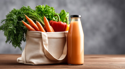Textile shopping bag full of vegetables and juice on table in kitchen. Space for text