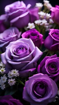 Close-up of a bouquet of purple roses and white baby's breath
