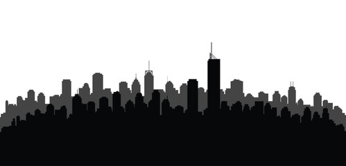 Fototapeta premium Flat Vector Minimal City Skyline in Black and Grey, Urban Silhouette of High Rise Buildings and Towers