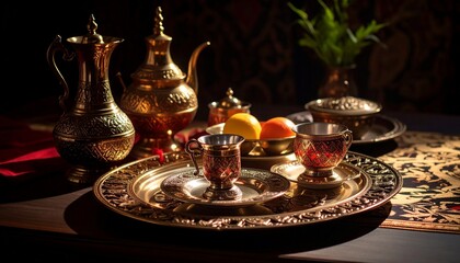 Decorated table with Turkish tea. Generated image
