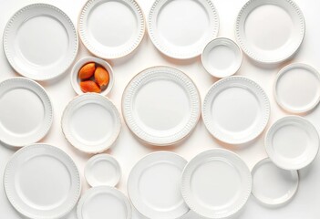 Collection of pristine white ceramic plates, top view Isolated on white background,   plate set,  dinnerware
