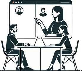 Business team meeting in virtual conference illustrated with computers and video call concept