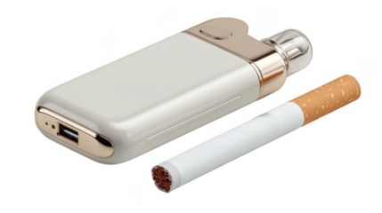 A vape device and a cigarette are isolated on transparent background, illustrating a comparison between vaping and traditional smoking