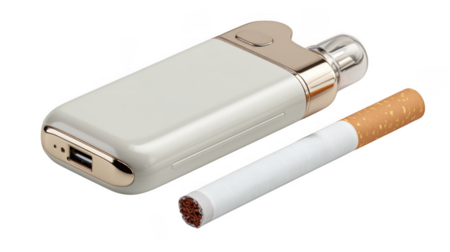 A vape device and a cigarette are isolated on transparent background, illustrating a comparison between vaping and traditional smoking
