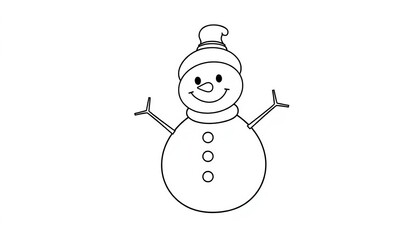 Continuous line drawing of a cute smiling snowman, simple black line art on white background , artwork, holiday