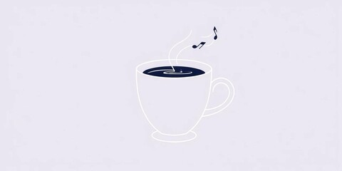 Fluid single-line drawing of coffee cup with musical notes, minimalist style, cafe, cappuccino