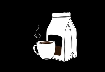 Continuous line drawing of coffee bag with attached cup, ready-to-pour coffee ,  artwork,  caffeine