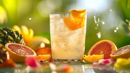 Glass of fresh orange juice with ripe citrus fruits