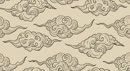 Elegant illustration of stylized, swirling clouds in a repeating pattern, creating a vintage aesthetic.