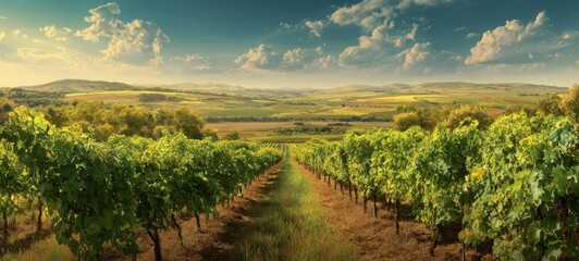 Naklejka premium The stunning vineyard landscape under a bright blue sky with rolling hills