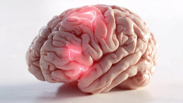 Realistisches menschliches Gehirn auf wei&szlig;em Hintergrund als medizinisches Stillleben. Gehirnstr&ouml;me Signale sichtbar K&uuml;nstliche Intelligenz KI