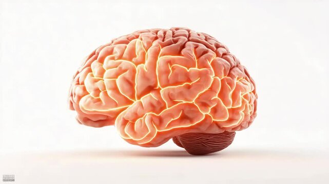 Realistisches menschliches Gehirn auf wei&szlig;em Hintergrund als medizinisches Stillleben. Gehirnstr&ouml;me Signale sichtbar K&uuml;nstliche Intelligenz KI