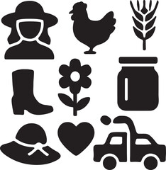 Farming and agriculture icon set. Containing cow, tractor, pitchfork, and corn symbols. Rural life and agricultural equipment silhouettes. Solid icon collection.