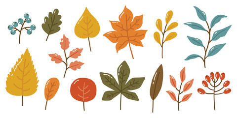 Obraz premium Autumn elements doodle illustration, autumn colored leaves, autumn cozy set