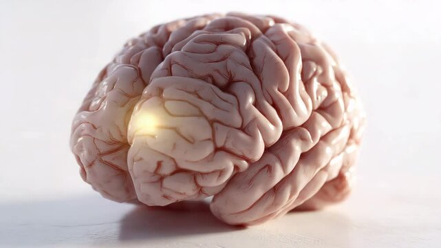 Realistisches menschliches Gehirn auf wei&szlig;em Hintergrund als medizinisches Stillleben. Gehirnstr&ouml;me Signale sichtbar K&uuml;nstliche Intelligenz KI