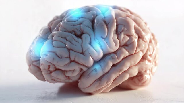 Realistisches menschliches Gehirn auf wei&szlig;em Hintergrund als medizinisches Stillleben. Gehirnstr&ouml;me Signale sichtbar K&uuml;nstliche Intelligenz KI