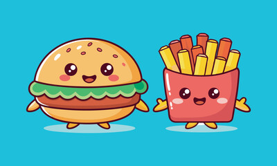 A smiling hamburger and winking fries vector art illustration