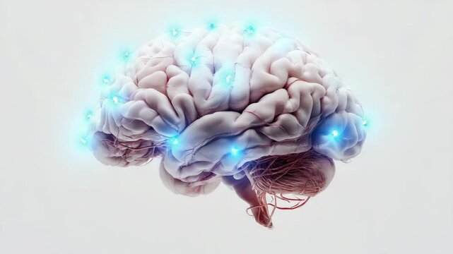 Realistisches menschliches Gehirn auf wei&szlig;em Hintergrund als medizinisches Stillleben. Gehirnstr&ouml;me Signale sichtbar K&uuml;nstliche Intelligenz KI