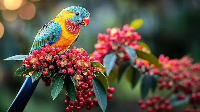 Colorful parrot perched on vibrant red berries in a lush garden setting during sunset