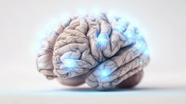 Realistisches menschliches Gehirn auf wei&szlig;em Hintergrund als medizinisches Stillleben. Gehirnstr&ouml;me Signale sichtbar K&uuml;nstliche Intelligenz KI