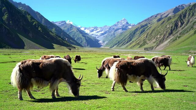 Serene yak grazing in a lush mountain meadow