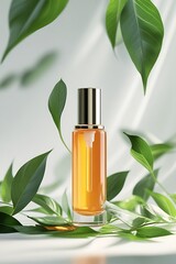 Natural Skincare Serum Dropper Bottle with Fresh Green Leaves – Organic Beauty Product for Healthy Skin, Botanical Extracts, and Eco-Friendly Cosmetics