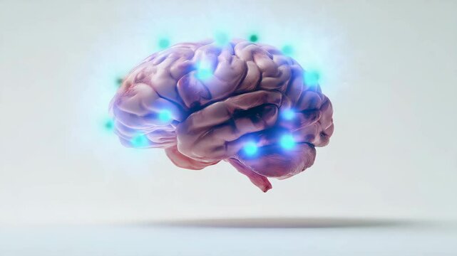 Realistisches menschliches Gehirn auf wei&szlig;em Hintergrund als medizinisches Stillleben. Gehirnstr&ouml;me Signale sichtbar K&uuml;nstliche Intelligenz KI