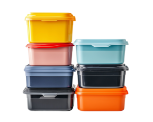 Colorful plastic food containers stacked for storage