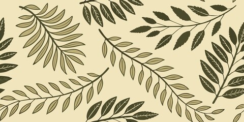Fototapeta premium Stylized leafy branches in green and olive form a symmetrical pattern on a beige background, creating a natural and organic design aesthetic.