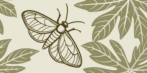 Fototapeta premium A detailed moth illustration with intricate wings, surrounded by symmetrical leafy patterns in green and beige, creating a natural aesthetic.