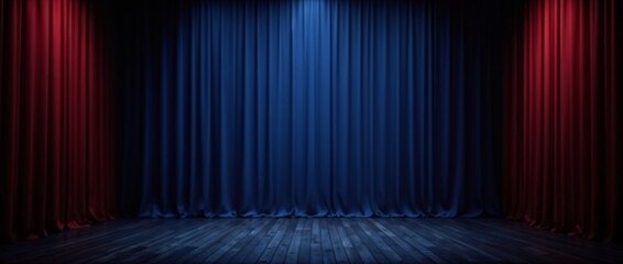 A stage setup with a polished wooden floor, blue curtains illuminated by a spotlight, and red curtains framing the scene in a performance setting.