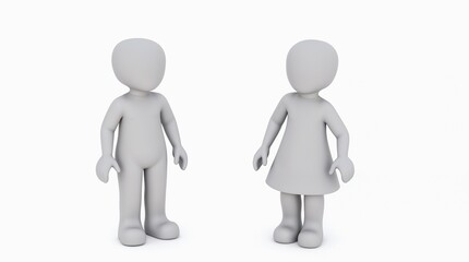 Two gray humanoid 3D figures stand on a plain white background. One has a neutral shape, while the other features a dress like silhouette.