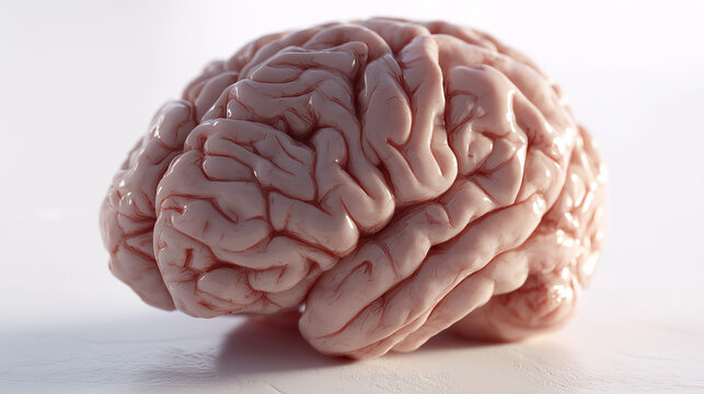 Realistisches menschliches Gehirn auf wei&szlig;em Hintergrund als medizinisches Stillleben. K&uuml;nstliche Intelligenz KI