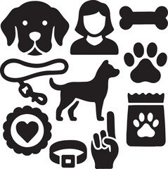 Dog care icon set. Containing dog walking, bone, paw print, and pet collar symbols. Pet ownership and dog-related icons. Solid silhouette collection.