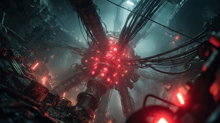 Dark sci-fi reactor core with glowing red lights and mechanical cables in industrial environment perfect for futuristic backgrounds, cyberpunk concepts and digital storytelling visuals