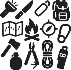 Survival and camping gear icon set. Containing flashlight, knife, fire extinguisher, backpack, map, compass, and walkie-talkie symbols. Wilderness tools and outdoor essentials. Solid silhouette collec
