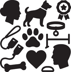 Dog care icon set. Containing dog walking, bone, paw print, and pet collar symbols. Pet ownership and dog-related icons. Solid silhouette collection.