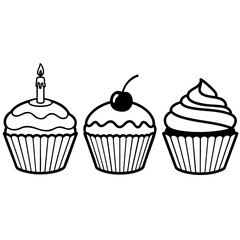 Cupcake Vector Outline with Candle and Cherry Black SVG
