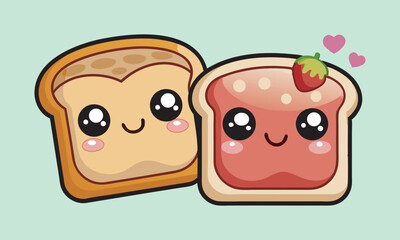 Two slices of bread with cute kawaii face vector art illustration 