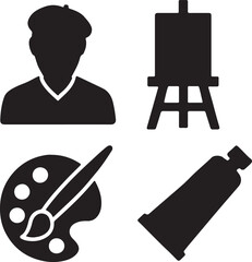 Art and painting icon set. Containing artist head silhouette, easel, paint palette with color blobs, and paintbrush symbols. Creative expression and fine arts silhouettes. Solid icon collection.