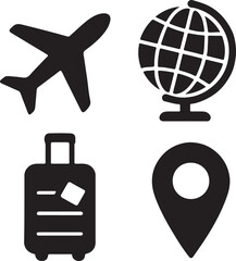 Travel and navigation icon set. Containing suitcase, airplane, globe, and location map symbols. Tourism, vacation, and global mobility silhouettes. Solid icon collection.