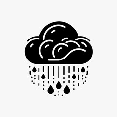A stylized black and white illustration of a rain cloud with falling raindrops.