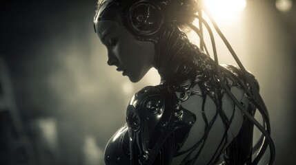 Futuristic cyborg woman with biomechanical details and a soft cinematic light ideal for sci-fi concept art, AI-themed publications and cybernetic design portfolios
