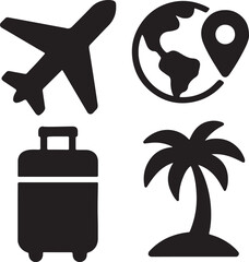 Travel and navigation icon set. Containing suitcase, airplane, globe, and location map symbols. Tourism, vacation, and global mobility silhouettes. Solid icon collection.
